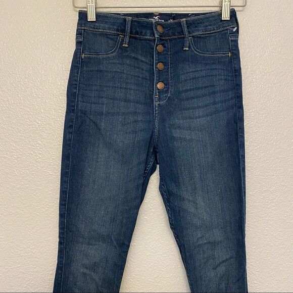 Hollister curvy hi rise skinny jeans dark button fly Frayed raw hem 1L 25w 28 - Picture 3 of 10